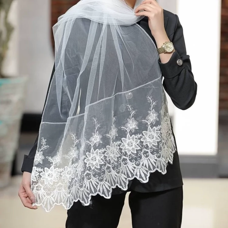 شال توری گیپور سفید لمه دار دور دانتل ارسال رایگان