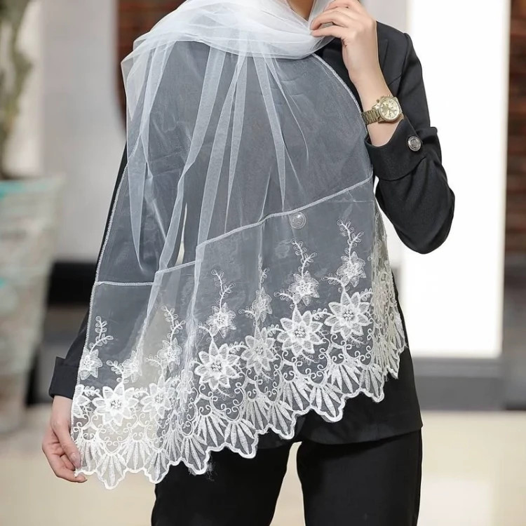 شال توری گیپور سفید لمه دار دور دانتل ارسال رایگان