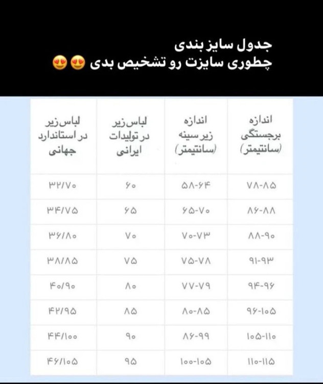 جدول سایزبندی