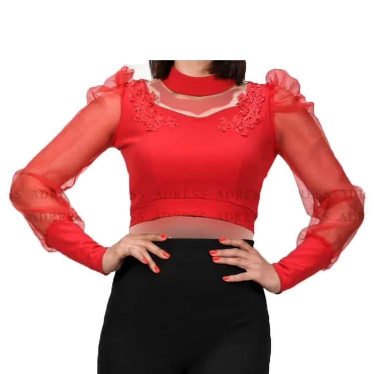 کراپ مجلسی دخترانه یقه گرد سرشانه چین دار پفی