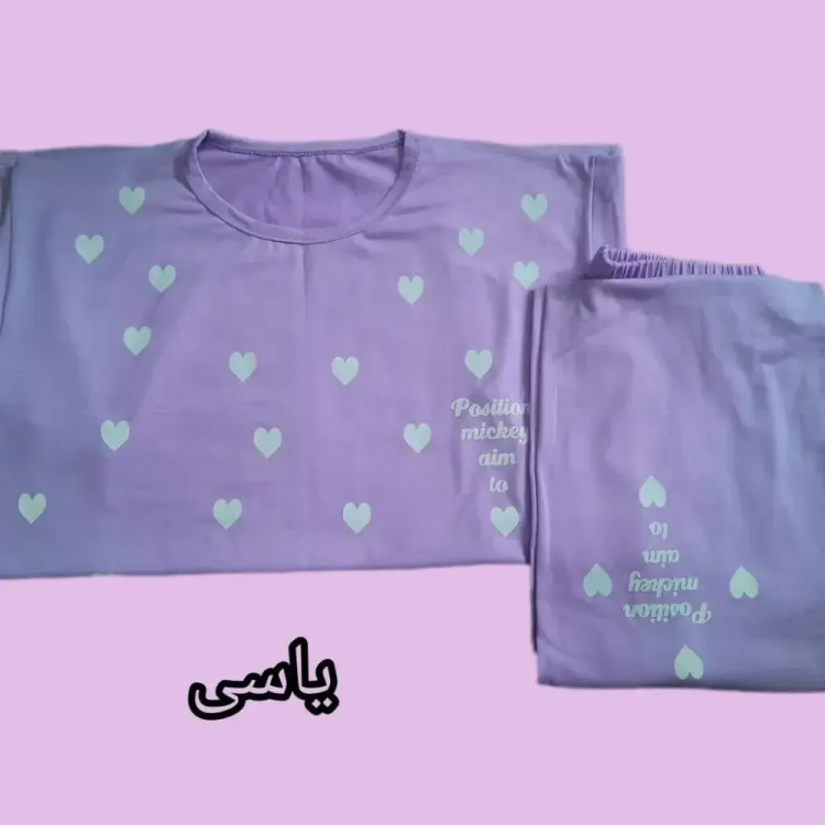 ست تیشرت و شلوار زنانه راحتی طرح قلب جنس نخ ویسکوز فول کش سایز 38 تا 48