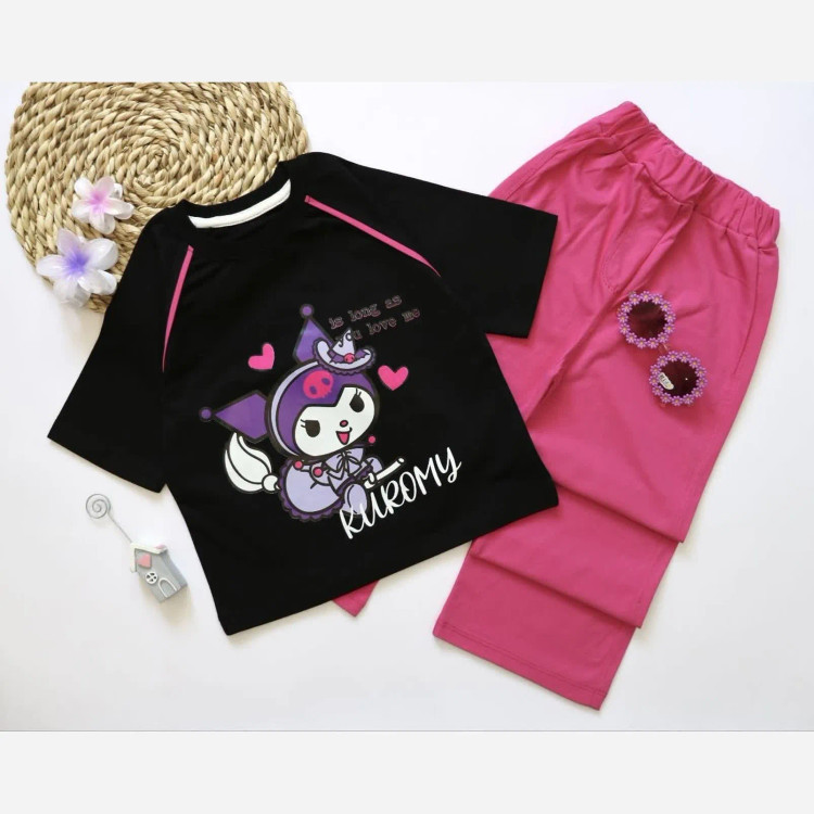 ست تیشرت شلوار دخترانه پنبه طرح کرومی سایز 45 و 50 رنگ بنفش سرخابی