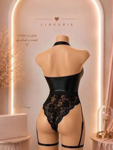 بادی زنانه مدل دانتل و چرم کاغذی زیپ دار + گارتر دور ران