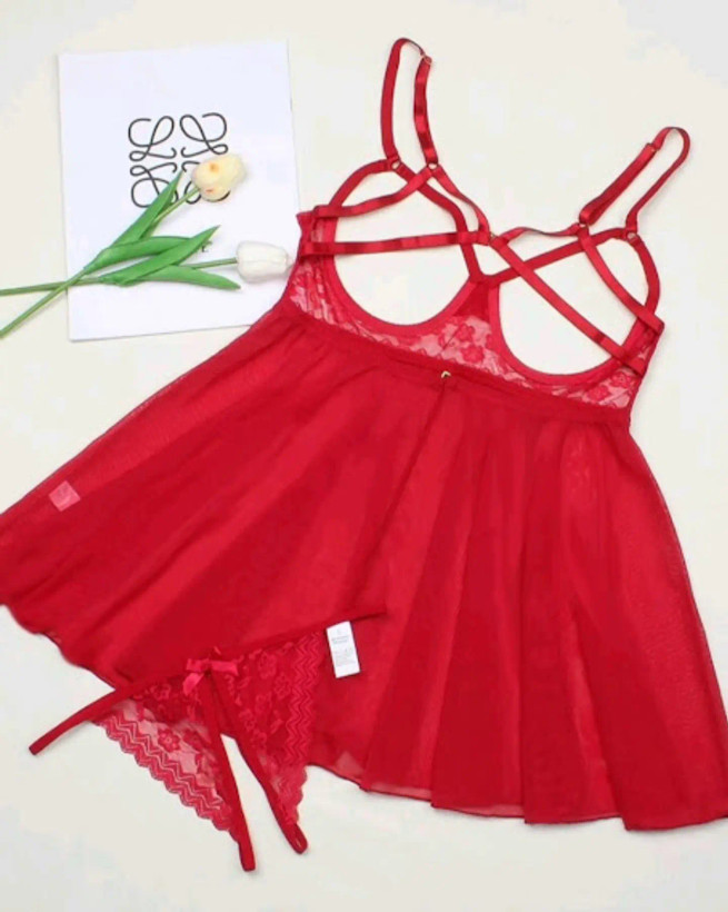 لباس خواب کوتاه فانتزی جنس حریر و تور + شورت فاق باز