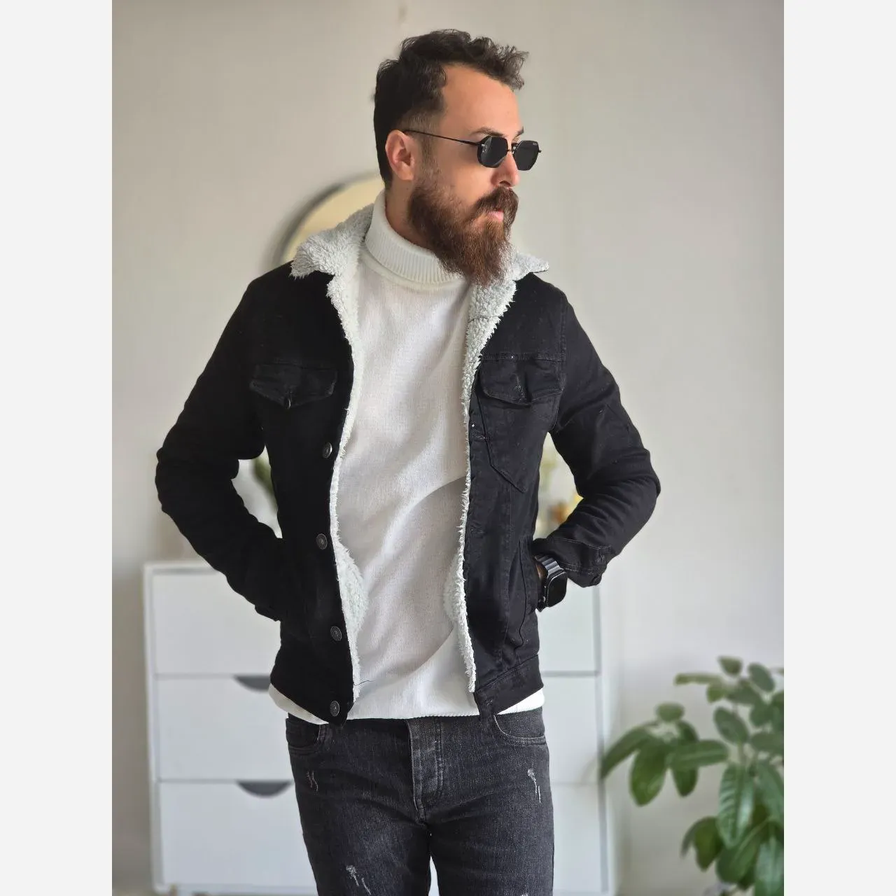 کت لی داخل خزدار پارچه ترک تمام کش تک رنگ مشکی سایز L XL XXL XXXL