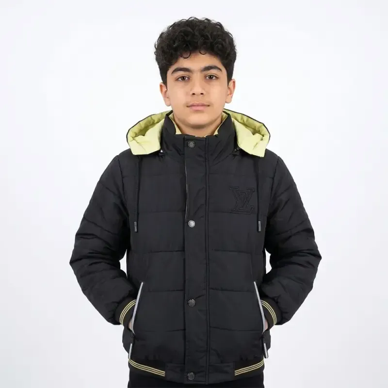 کاپشن پسرانه شمعی مشکی آستر خز کلاه دار پاییزه و زمستانه