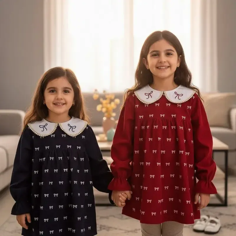 شومیز پاپیونی دخترانه مخمل کبریتی بهاره طرح قلب رنگ زرشکی و سورمه ای سایز 50 تا 60