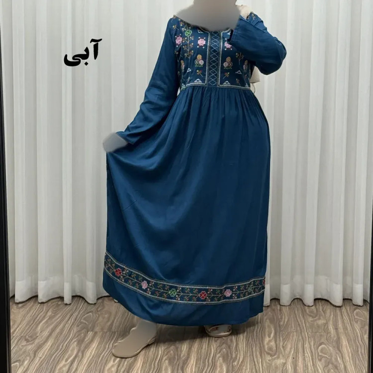 پیراهن نخی هندی سلن گلدوزی فری سایز تا 50 کمربنددار چهارفصل زنانه شیک