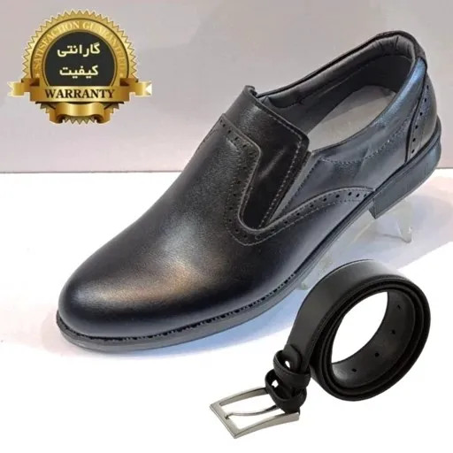 ست کفش و کمربند مردانه مدل رویال و نیک کلاسیک چرم مصنوعی بیاله