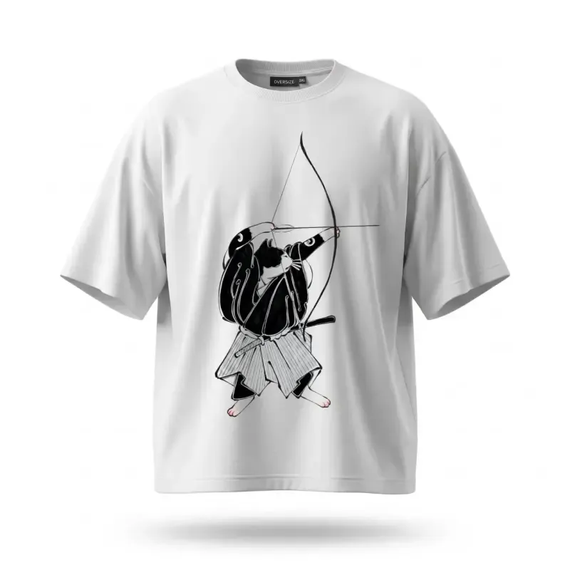تیشرت سفید طرح گربه کمانگیر جنس پارچه ماکان