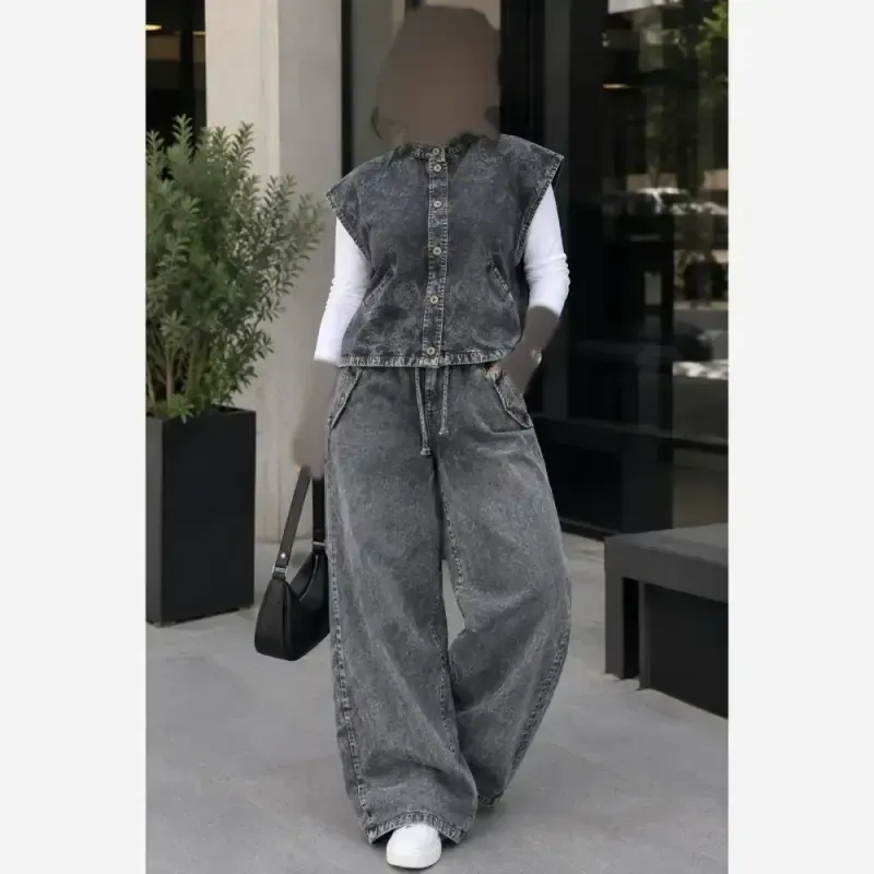 ست وست و شلوار جین زنانه مدل فول بگ سنگشور شده گت دار